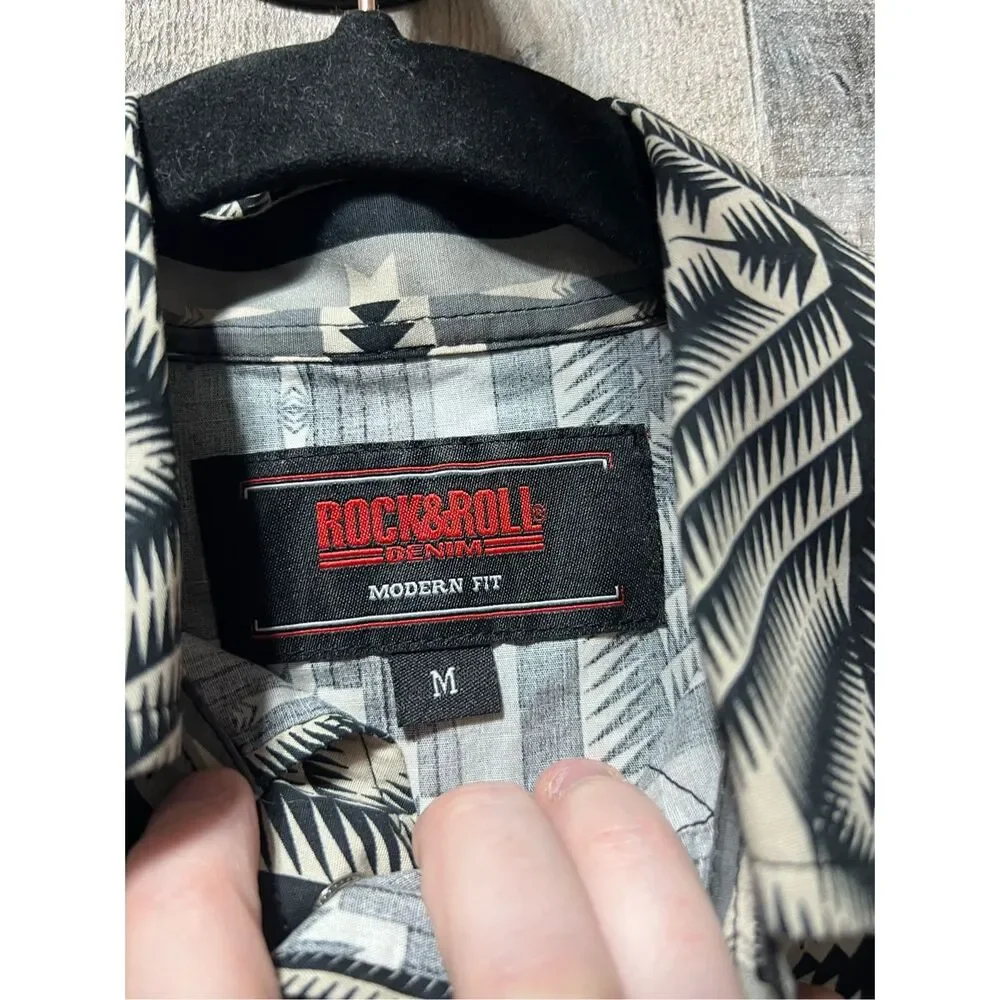 Rock & Roll Denim Black and White Southwestern Print Pearl Snap Western Shirt Bo - Picture 3 of 4